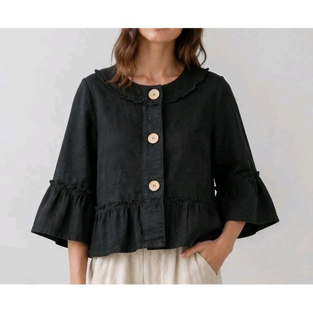 Ambition Black Linen Blend Cropped Jacket Cottagecore Ruffle Bell Sleeve Blazer